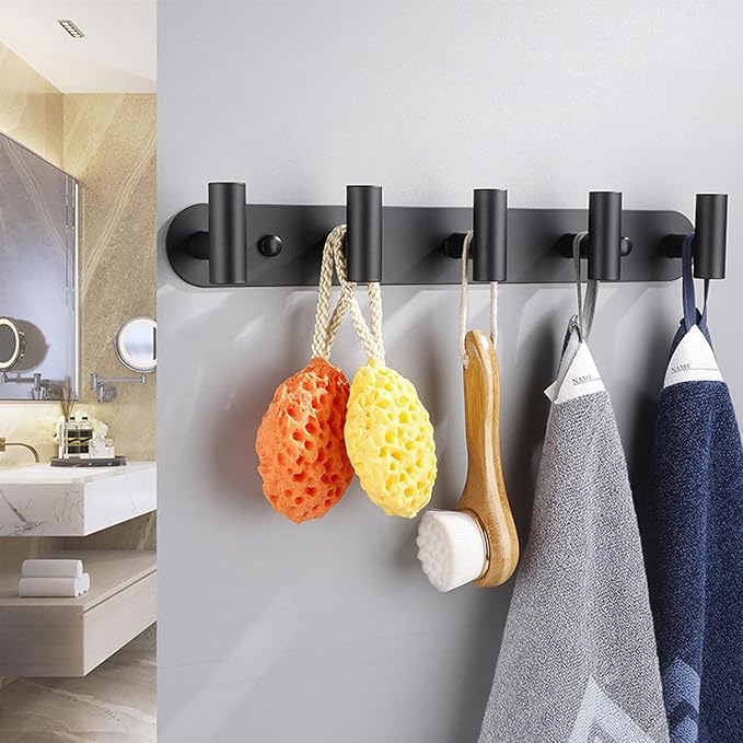 Coat Hook Rack, Wall Mounted Coat Rack with 5 Hooks, Heavy Duty Towel Hooks Rack Wall Hooks for Hanging Clothes Jacket, Stainless Steel Coat Hanger for Bathroom Entryway Mudroom(Matte Black)