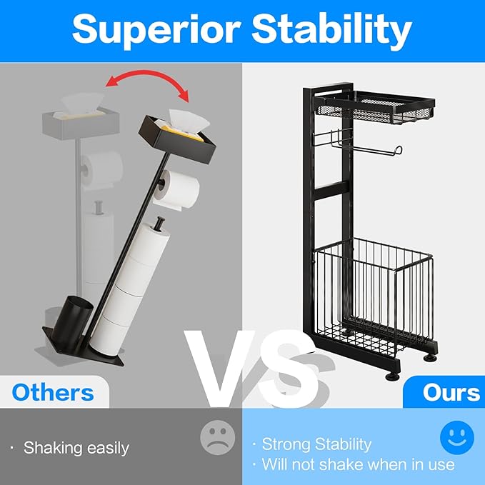 Toilet Paper Holder Stand with Storage Shelf - Multi Tier Metal Toilet Paper Stand with Large Basket for Tissue Rolls, Wipes (Black)