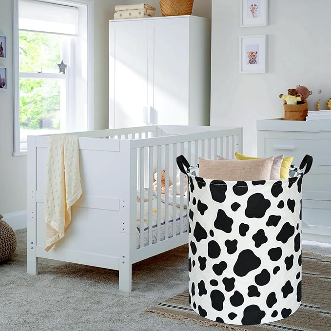Kids Laundry Hamper Clothes Gift Basket Storage Laundry Baskets Organizer Bin with Handles for Nursery Room (Rould Cow pattern)