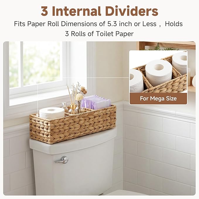 StorageWorks Toilet Paper Basket for Back of Toliet, Toilet Tank Basket with 3 Large Compartments, Water Hyacinth Toilet Paper Storage Baskets, 17¼" x 6" x 4¼", 2-Pack