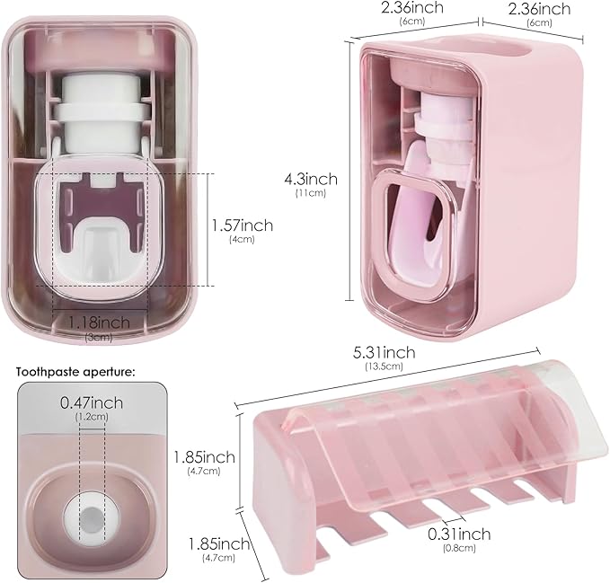 5 Slots Wall Mount Toothbrush Holder with Cover, Self Adhesive Toothbrush Storage Organizer for Shower, Toothbrush Hanger with Automatic Toothpaste Squeezer Dispenser (Pink)