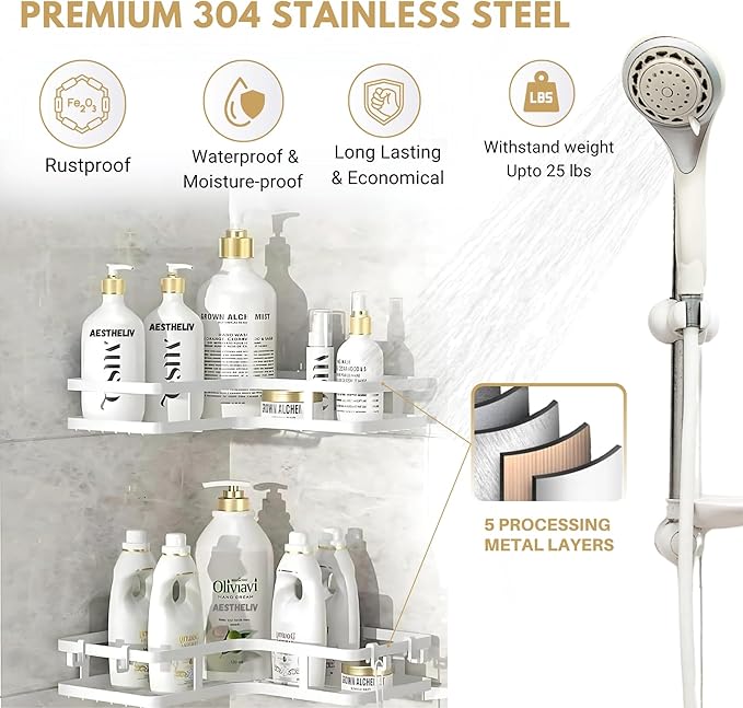 Adhesive Corner Shower Caddy Hanging - 6 Pack, Electroplated Rustproof Stainless Steel Corner Shelves Large Capacity Shower Organizer, Shower Caddy Bathroom Shleves With Bathroom Accessories - White