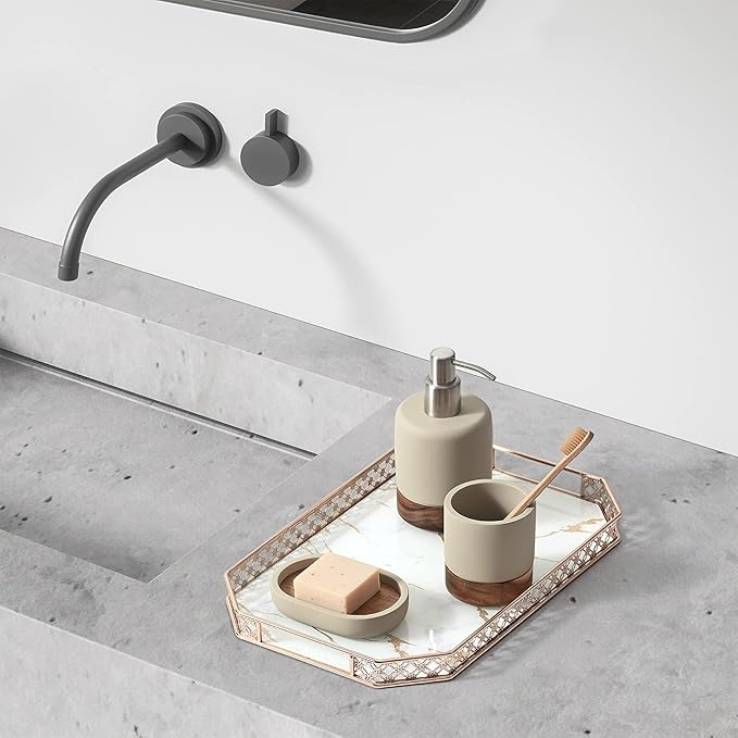 Bathroom Accessories Set 3 Piece Bath Ensemble Includes Soap Dispenser, Tumbler, Dish for Decorative Countertop & Housewarming Gift (Concrete with Acacia Wood)
