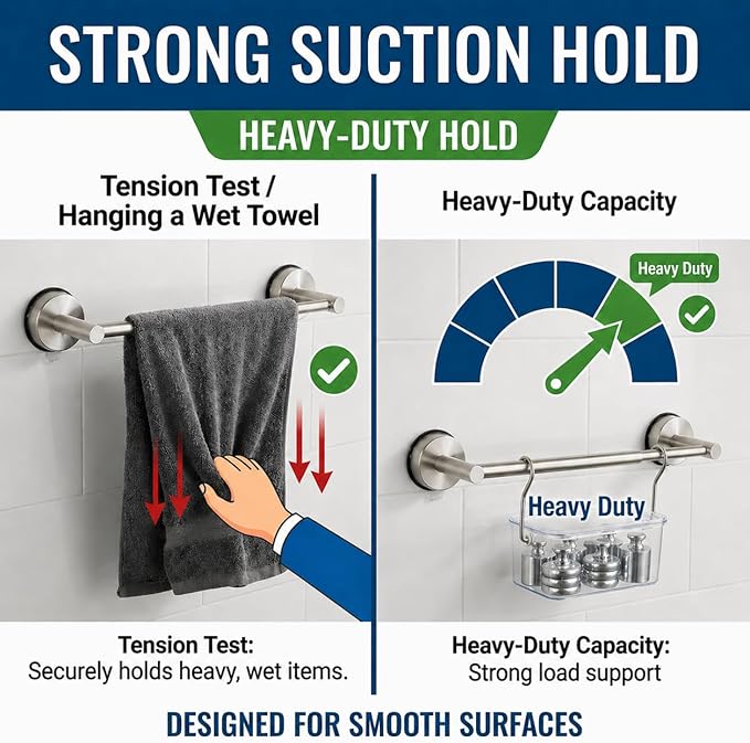 Bathroom Towel Rack, Brushed Nickel Stainless Steel No Drill Towel Holder for Bathroom Adjustable Wall Mounted Towel Rack for Shower Kitchen RV Smooth Tile Glass Mirror and Metal