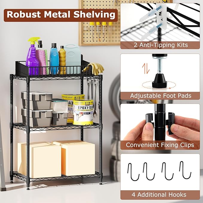 GOFLAME 3-Tier Metal Storage Shelving Unit, Heavy-Duty Adjustable Utility Shelf with V-Shaped Wire Rack, 450 LBS Storage Organizer for Home, Kitchen, Garage, Basement, 23.5”L x 13.5”W x 31”H