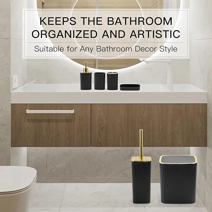 Bathroom Accessories Set-6PC Black Bathroom Set with Toilet Brush, Trash Can, Soap Dispensers and Toothbrush Holder, Soap Dish, Cup, Black and Gold Bathroom Decor for Modern Homes