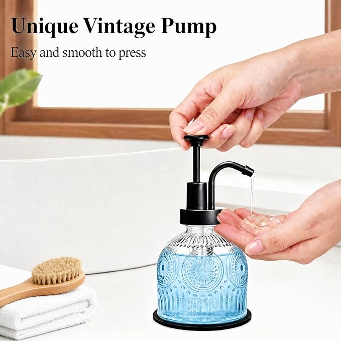 SheeChung Vintage Soap Dispenser, Kitchen Dish Soap Dispensers with Pump Mat, Glass Hand Soap Dispenser for Bathroom, Liquid, Lotion, Refillable, Rustic Farmhouse Decor-Clear (Black Pump, 1 pk)