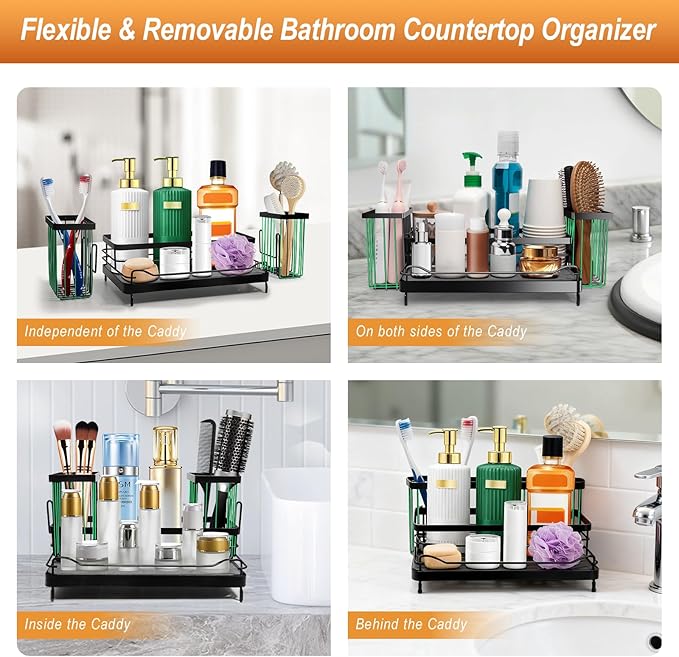 Toothbrush Holders with Instant Drying Stone & 2 Brush Holders, Rustproof Carbon Steel Tooth Brush Holder Sink Caddy, Space Saving Bathroom Countertop Organizer for Storage and Organization-Black