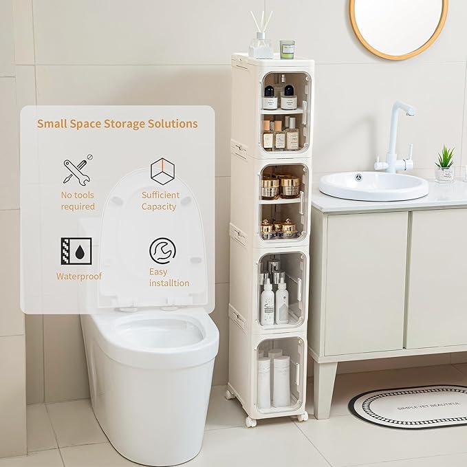 4-Tier Tall Narrow Storage Cabinet, Slim Bathroom Storage Cabinet with Adjustable Shelves and Wheels, Narrow Organizer for Small Space, Bathroom, Kitchen, Laundry, Cream White