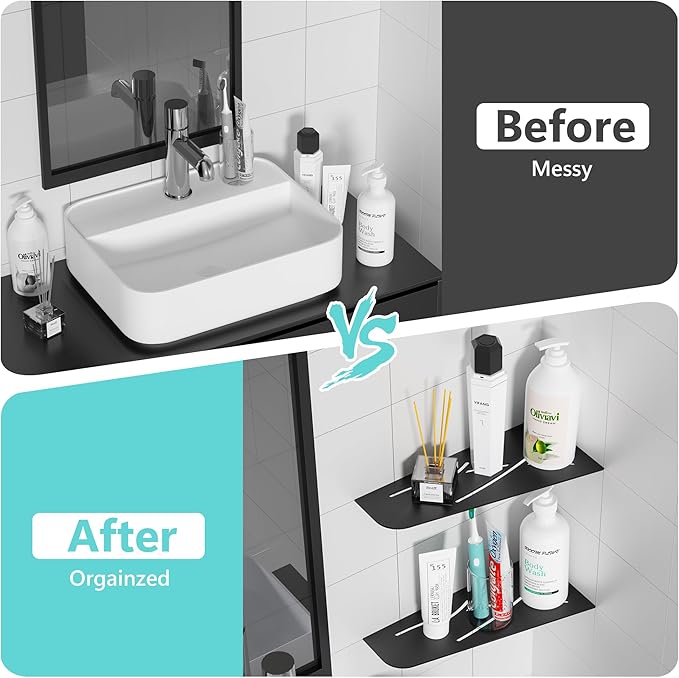 Qeke Shower Corner Shelf 304 Stainless Steel 12" Corner Shelf Bathroom Shampoo Holder for Shower Floating Corner Shelf for Wall, No Drilling, Matte Black, 2 Pack