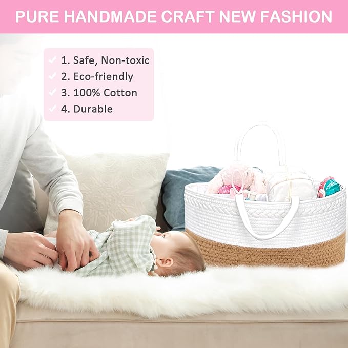 ABenkle X-Large Diaper Caddy Organizer, Boho Rustic Cotton Rope Nursery Baby Basket, Changing Table Organizer for Baby Diaper Storage and Baby Shower