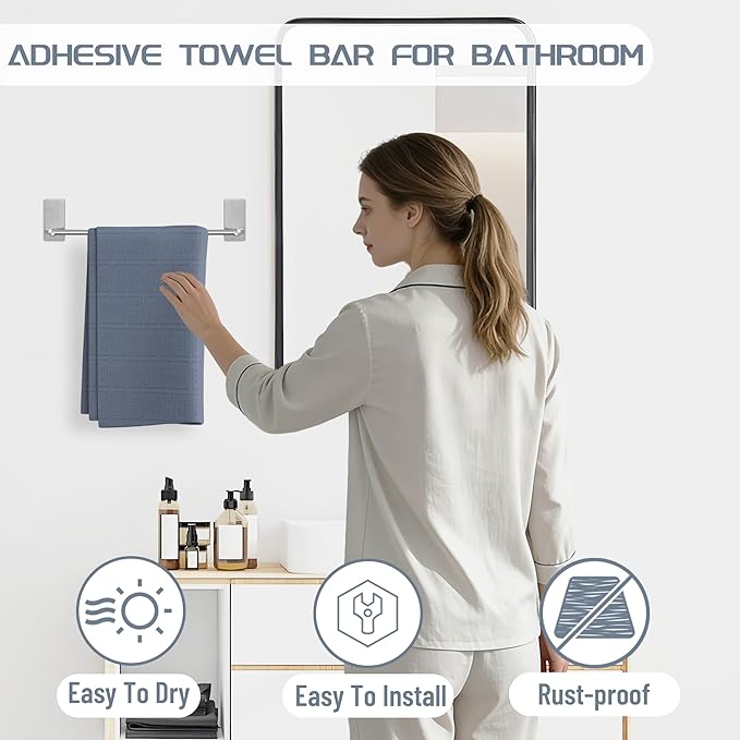 Alise Adhesive Towel Bar, 12 Inch Towel Racks for Bathroom SUS 304 Stainless Steel,Bathroom Towel Holder No Drill, Strong Self Adhesive Towel Bar, Brushed Nickel