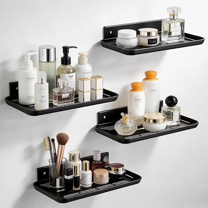FAYYGYH Adhesive Floating Shelves No Drill Floating Shelf for Wall Storage Damage-Free Wall Mounted Organizer for Bathroom, Kitchen, Bedroom & Office (Black, 4 PCS)