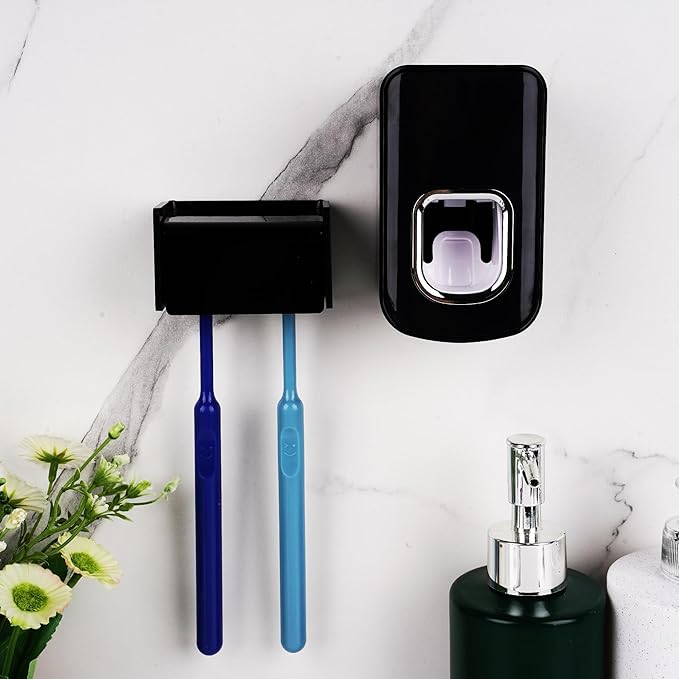 2 Slots Wall Mount Toothbrush Holder with Cover, Self Adhesive Toothbrush Storage Organizer for Shower, Toothbrush Hanger with Automatic Toothpaste Squeezer Dispenser(Black)