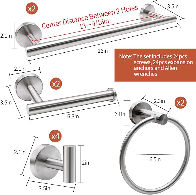10pcs Bathroom Hardware Set, Brushed Nickel Bathroom Hardware Set, Including 16" Hand Towel Bars, Toilet Paper Holders, Towel Rings, Robe Towel Hooks
