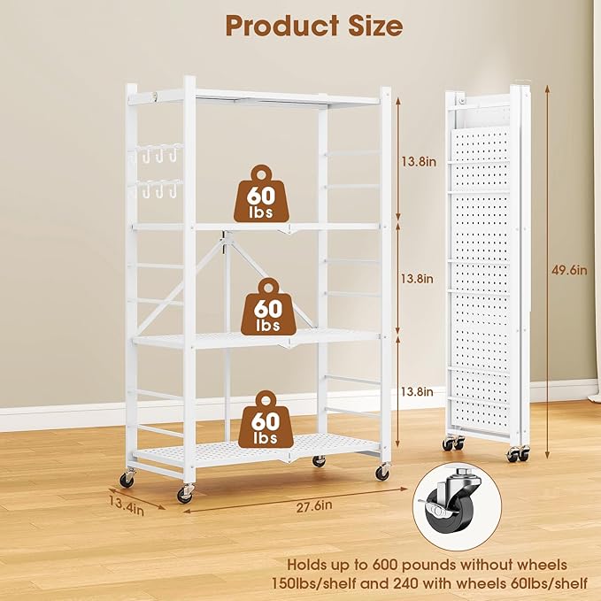 4-Tier Folding Metal Storage Shelf with Wheels & Hooks, Heavy Duty No-Assembly Collapsible Utility Rack for Kitchen, Garage, Office, Living Room – 600 lbs Capacity(White, 4-Tier)