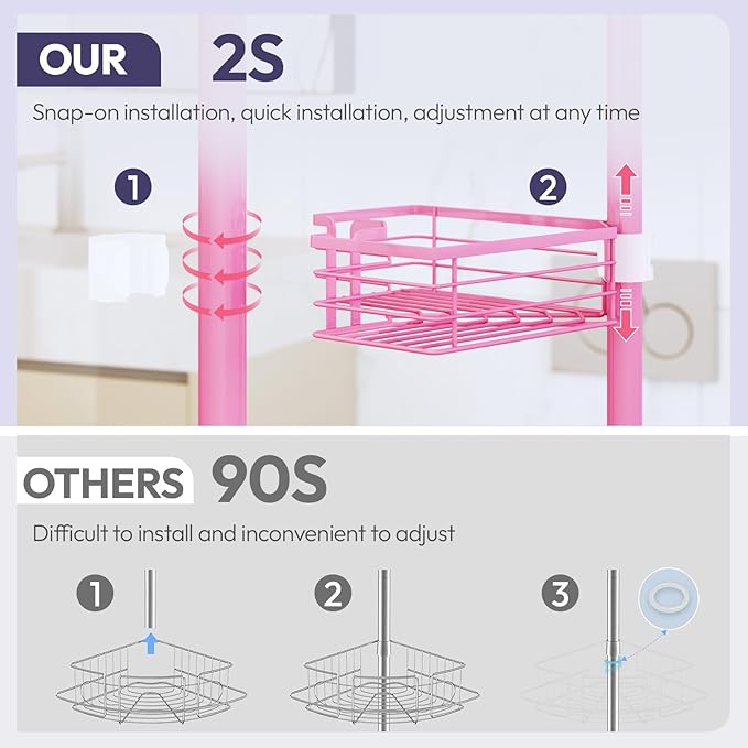 SWTYMIKI Shower Caddy Tension Pole - 4-Tier Corner Shower Organizer Tension Rod with Soap Holder, Toothbrush Holder & 4 Hooks, Adjustable Stainless Steel Bathroom Organizer 27.6 to 108.3 inch, Pink