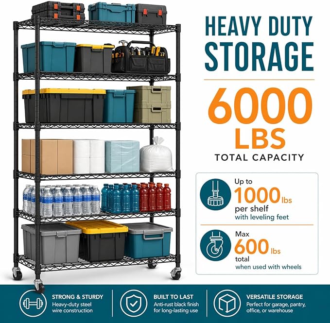 6-Tier Heavy Duty Wire Shelving Unit with Wheels or Leveling Feet, 6000 LBS Total Capacity, Adjustable Metal Storage Rack for Garage, Pantry, Kitchen, Basement, 48" W x 18" D x 76" H, Black