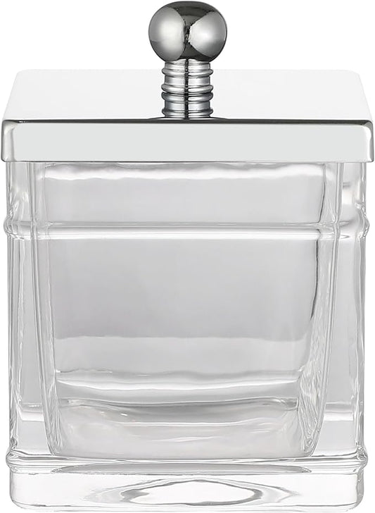 Apothecary Glass Cotton Jar Holder Silver Stainless Steel Lid, Elegant Bathroom Storage Canister for Qtips, Cotton Balls, Floss, Makeup Organizer, Vanity Bathroom Organization