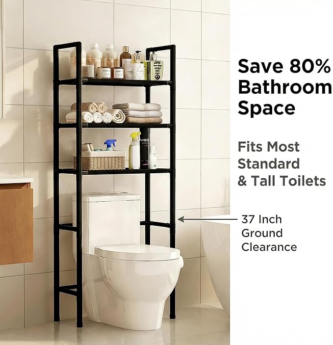Renyqatt Over the Toilet Storage, 3-Tier Bathroom Organizer, Freestanding Above Toilet Shelf with Adjustable Feet, Space Saving, Easy Assembly, Carbon Steel Shelf, 61" H, Black