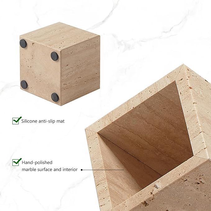 Real Luxurious Natural Marble Toothbrush Holder & Makeup Brush Organizer & Pen Holder for Desk,3.93inch Square Marble Utensil Holder Non-Ceramic/Non-Resin （Travertine）