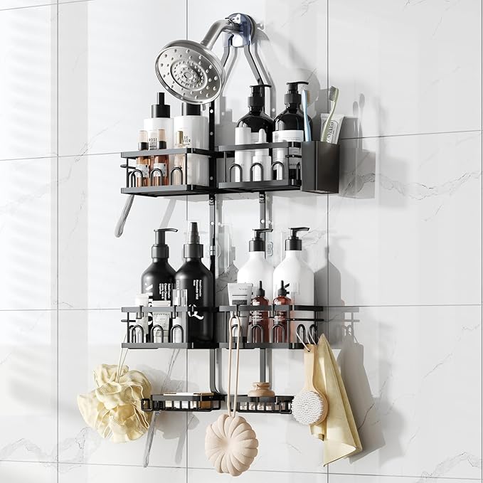 Adjustable Shower Caddy Hanging Rustproof Shower Caddy Shower Organizer for Over Handheld or Fixed Shower Heads with Hooks Soap Holder Toothbrush Holder
