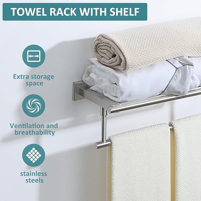 Alise 24 Inch Towel Racks for Bathroom Wall Mounted,Bathroom Towel Rack with Tower Bar,Double Towel Racks for Bathroom,SUS304 Stainless Steel Bathroom Towel Holder Brushed Nickel