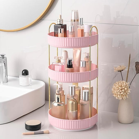 Aveniee 360 Rotating Makeup Organizer for Vanity, Skincare Perfume Organizers Large, Spinning Bathroom Counter Shelf Holder for Cosmetics, Skin Care, Lipsticks,3 Tiers, Pink