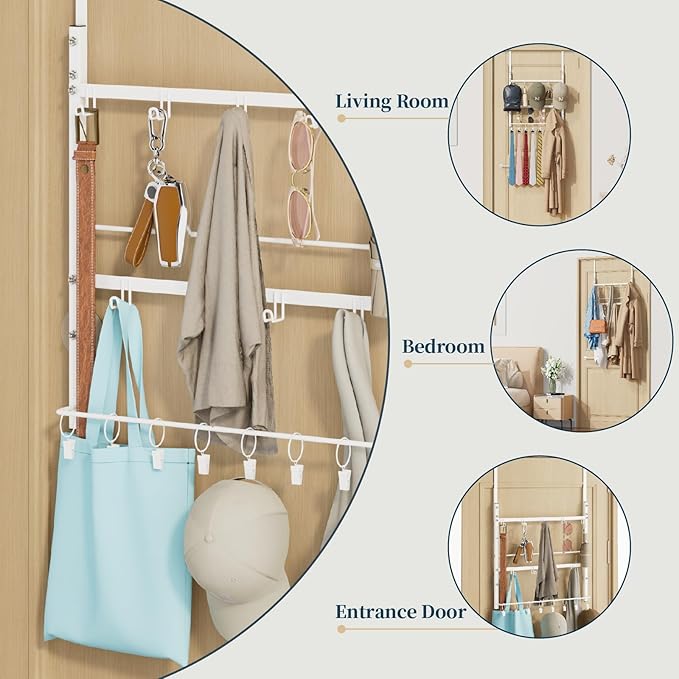 Consumest Over the Door Organizer - 3 Tier Door Hanger Hooks for Hanging Clothing, 24 Inches Long Coat Hanger for Bedroom, Bathroom, Laundry or Dorm Room, White