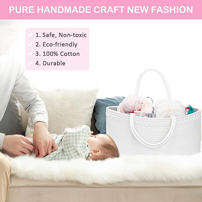 ABenkle X-Large Diaper Caddy Organizer, Boho Rustic Cotton Rope Nursery Baby Basket, Changing Table Organizer for Baby Diaper Storage and Baby Shower