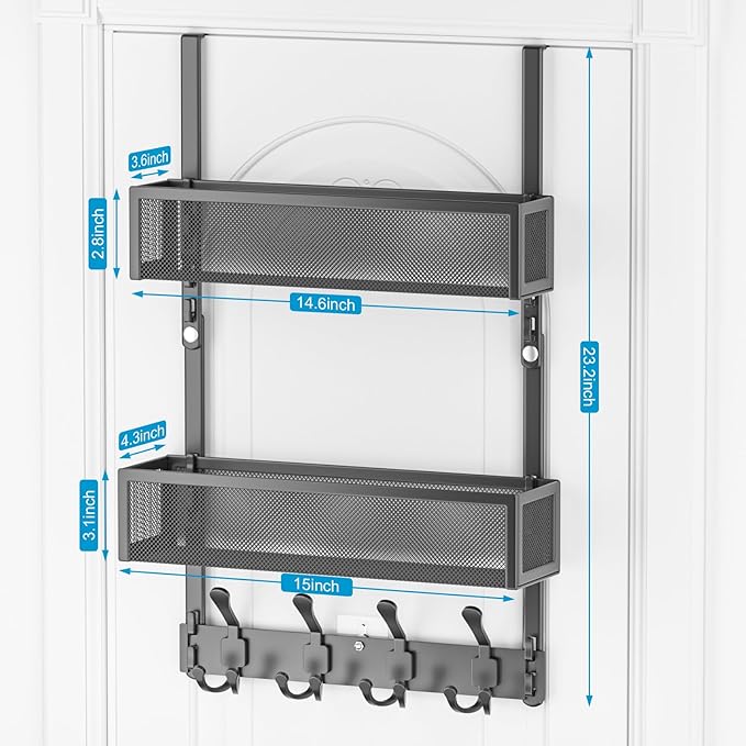 Over The Door Hooks Organizer, Door Hanger Towel Rack with 2 Baskets, Adjustable Over The Door Coat Rack, Back of Door Storage for Bedroom, Kitchen, Bathroom (Black)