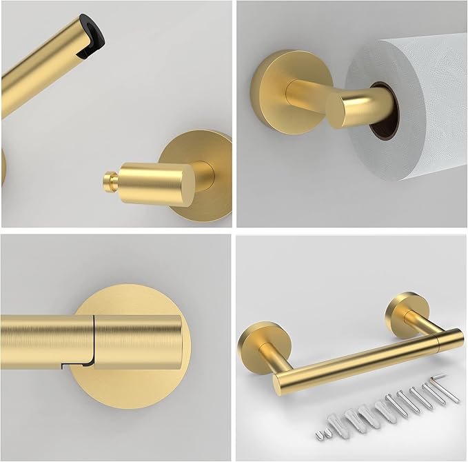 RARXTR Gold Toilet Paper Holder SUS304 Stainless Steel Double Post Pivoting Toilet Paper Roll Holder Wall Mounted Toilet Tissue Holder for Commercial Bathroom RV Brushed Brass Finish
