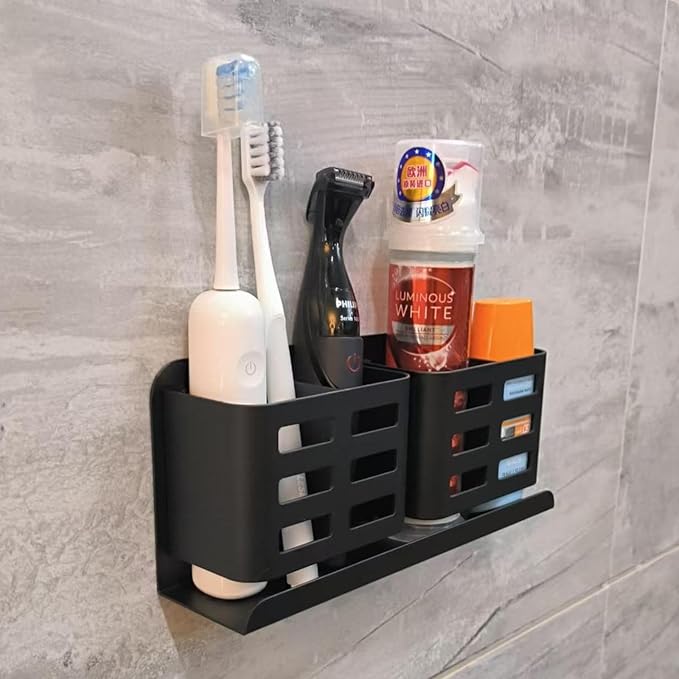 Aluminum Toothbrush Holder Self-Adhesive Wall Mount Bathroom Organizer for Toothbrush, Razor, Comb & Toothpaste (Black)