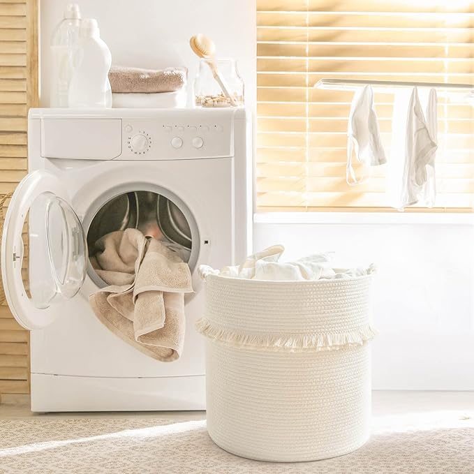 CherryNow Extra Large Woven Storage Baskets – 17'' x 16'' Cotton Rope Decorative Hamper for Magazine, Toys, Blankets, and Laundry, Cute Tassel Nursery Decor - Home Storage Container Off-white