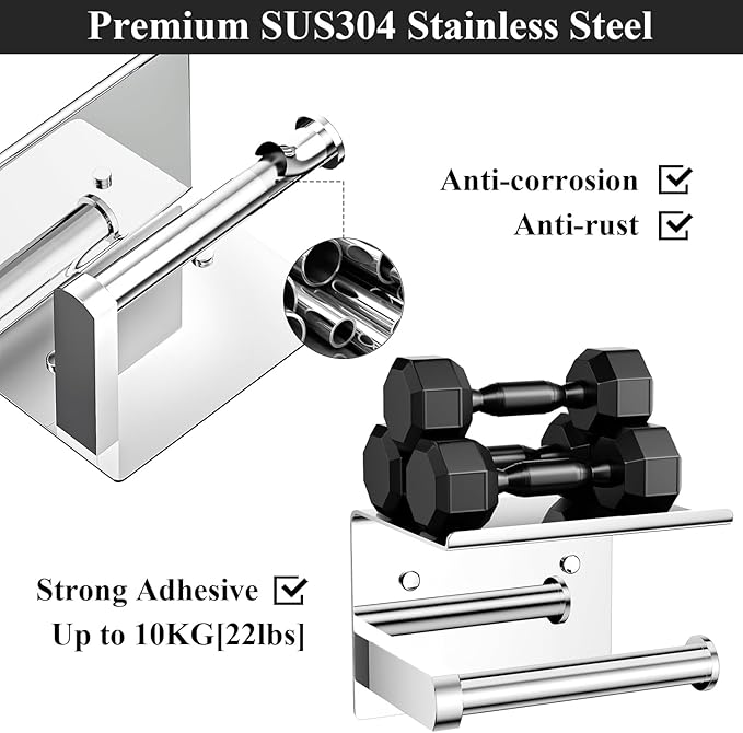 Tindbea Toilet Paper Holder with Phone Shelf + Towel Robe Hooks, Adhesive or Screw Wall Mounted Toilet Paper Roll Storage, Stainless Steel Bathroom Tissue Roll Holder (Polished Chrome)