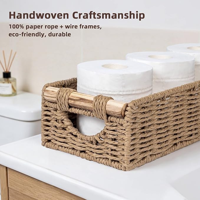 CubesLand Back of Toilet Storage Basket for Organizing w/Cut Out Handle, Handwoven Toilet Tank Top Paper Baskets, Small Wicker Decorative Basket for Countertop, Home, Living Room, Nursery, Neutral