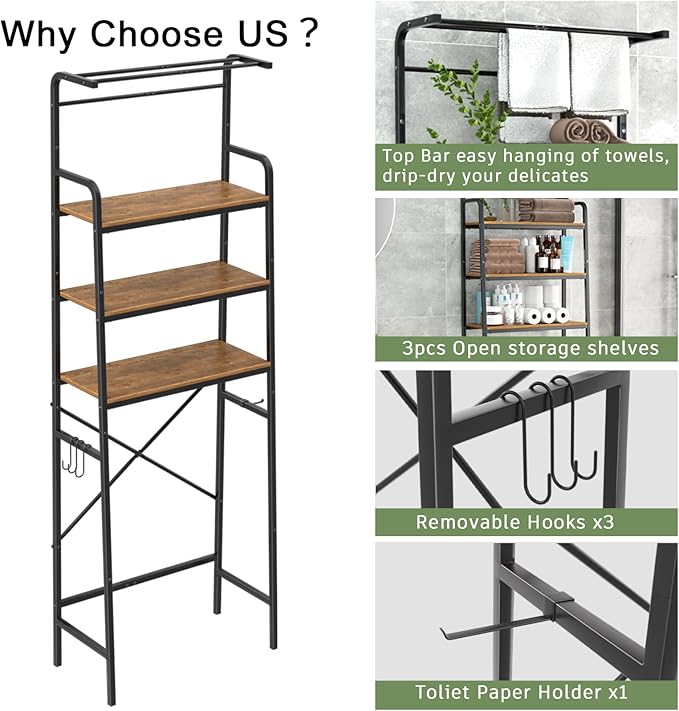 REFGY Over The Toilet Storage Cabinet,3-Tier Over The Toilet Storage Shelf with Hanging Bar,Metal Frame with Wood Bathroom Organizer Shelves,Space Saving Storage Bathroom Shelves Above Toilet for Room