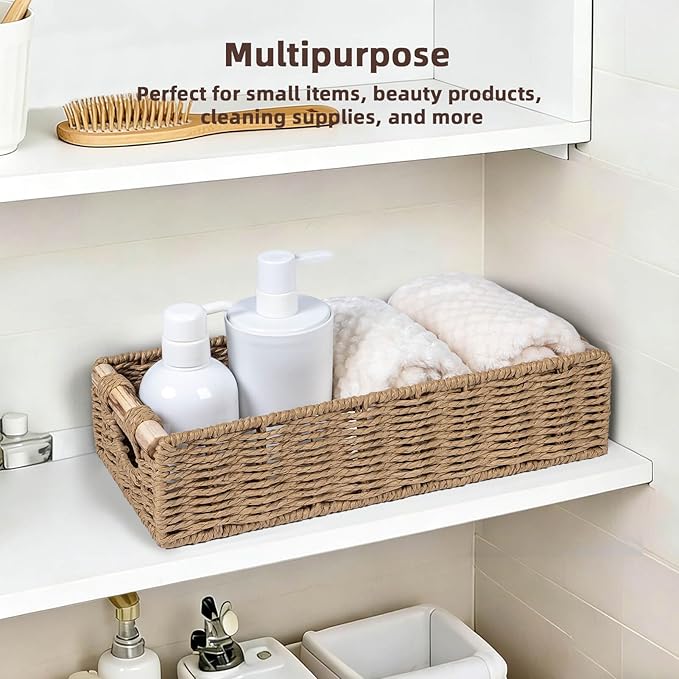 CubesLand Back of Toilet Storage Basket for Organizing w/Cut Out Handle, Handwoven Toilet Tank Top Paper Baskets, Small Wicker Decorative Basket for Countertop, Home, Living Room, Nursery, Neutral