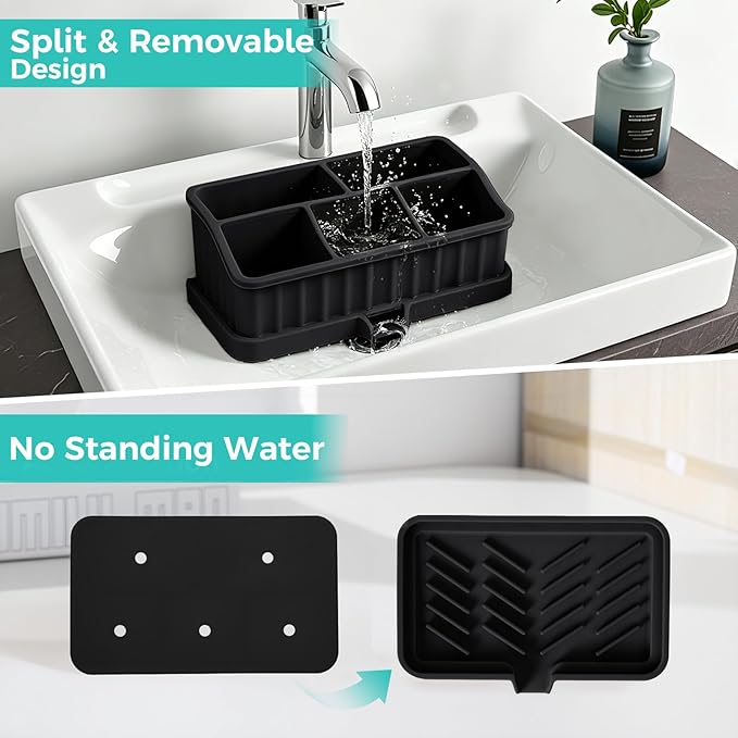 Silicone Toothbrush Holders for Bathrooms, 5 Slots Detachable Toothbrush and Toothpaste Holder, Bathroom Counter Organizer and Storage (Black)
