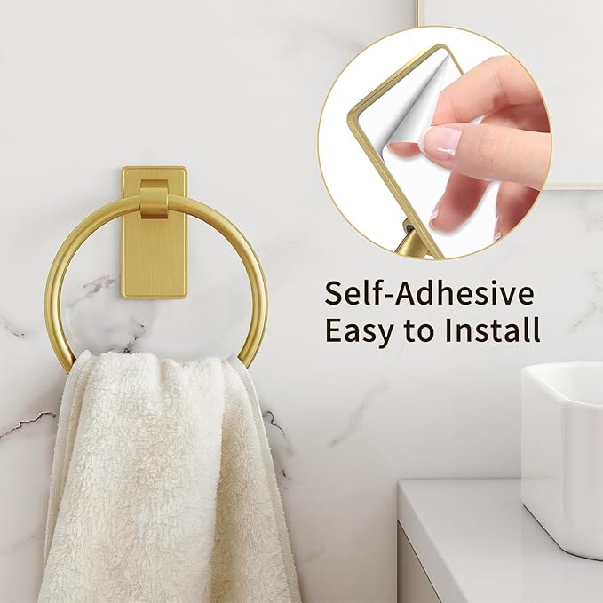 STWWO Gold Towel Ring for Bathroom, Adhesive Hand Towel Holder for Bathroom, Kitchen, No Drill