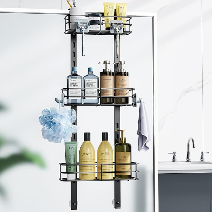 ODesign Over The Door Shower Caddy, 3-Tier Adjustable Hanging Caddy with 4 Hooks, Rustproof Bathroom Organizer with Suction Cup, Shower Shelf Rack for Shampoo, Razor - Black