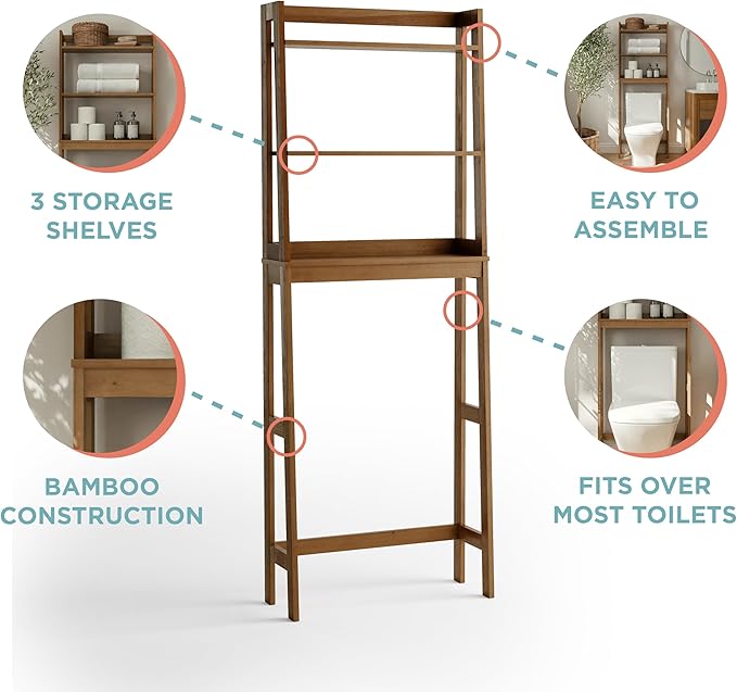 Zenna Home Bamboo Over-The-Toilet Bathroom Spacesaver with 3 Shelves, A-Frame Shelving for Bath, Laundry and Other Household Storage, Natural Finish