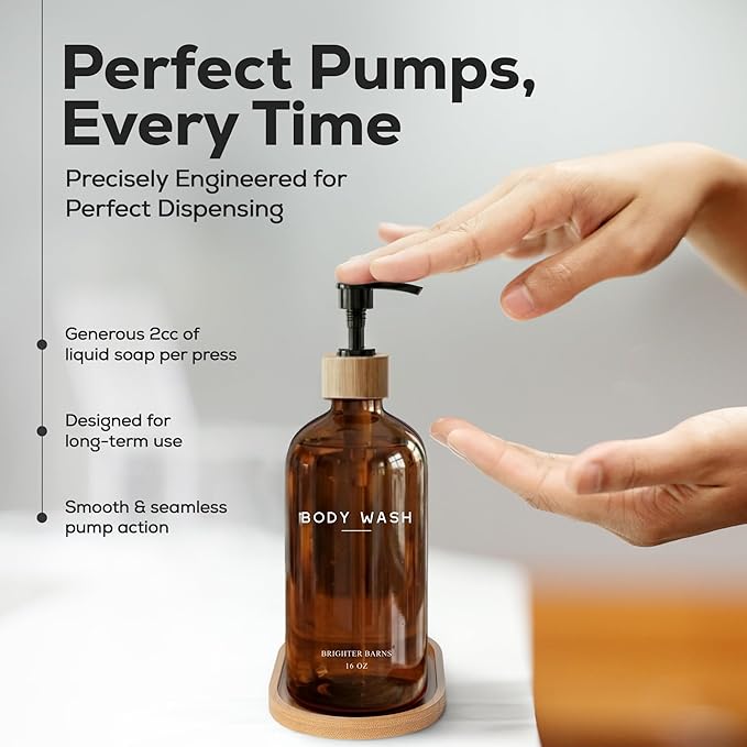 Amber Shampoo and Conditioner Dispenser Set by Brighter Barns - Refillable Plastic Shower Dispenser for Bathroom - Body Wash and Shampoo Bottles with Tray - Boho Decor for Airbnb, Hotel, Gift (Amber)