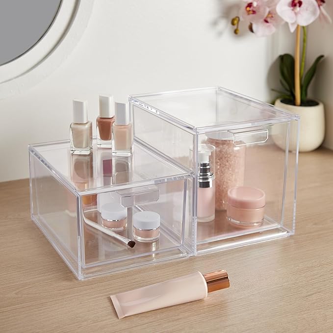 STORi Audrey Stackable Clear Bin Plastic Organizer Drawers | 2 Piece Set | Organize Cosmetics and Beauty Supplies on a Vanity | Made in USA