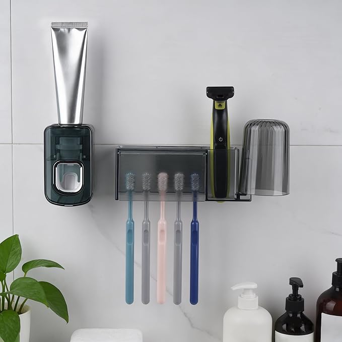 5 Slots Wall Mount Toothbrush Holder with Cover, Self Adhesive Toothbrush Storage Organizer for Shower, Toothbrush Cup Hanger with Automatic Toothpaste Squeezer Dispenser