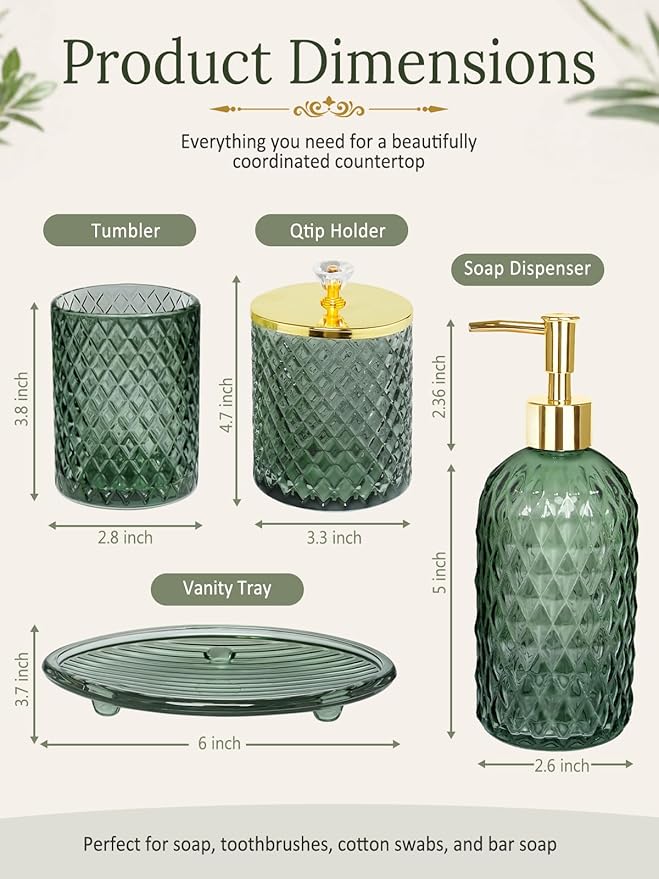 Bathroom Accessories Set, 4Pcs Sage Green Glass Bathroom Accessory Set Complete w/Lotion Soap Dispenser, Toothbrush Holder, Qtip Holder, Soap Dish, Gold Bathroom Decor Sets, Gift for Home Apartment