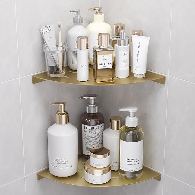 2 Pack Corner Shower Shelves Load Capacity 40 lbs 304 Stainless Steel Shower Corner Shelf Will not Rust 8in Shower Shelf for Inside Shower Brushed Gold Drilling Installation