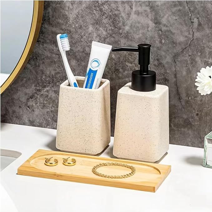 Beige Soap Dispenser and Toothbrush Holder Set,2pcs Ceramic Bathroom Accessories Set,Lotion Dispenser and Tumbler for Modern Bathroom Decor