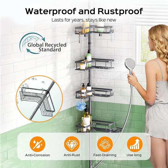 HAMITOR Shower Caddy Tension Pole: 4-Tier Corner Bathroom Organizer with Soap Holder - No-Drill Adjustable Storage Rack - 47-123 Inch Rustproof Space Saving Gray