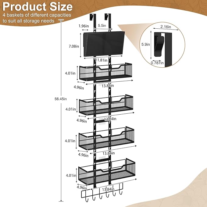 Hongtamoya Adjustable Over The Door Organizer, Closet Door Organizer Heavy Duty Hanging Door Storage with 4 Metal Baskets and PVC Pocket, Behind Organizer for Bathroom Closet Bedroom Cabinet, Black